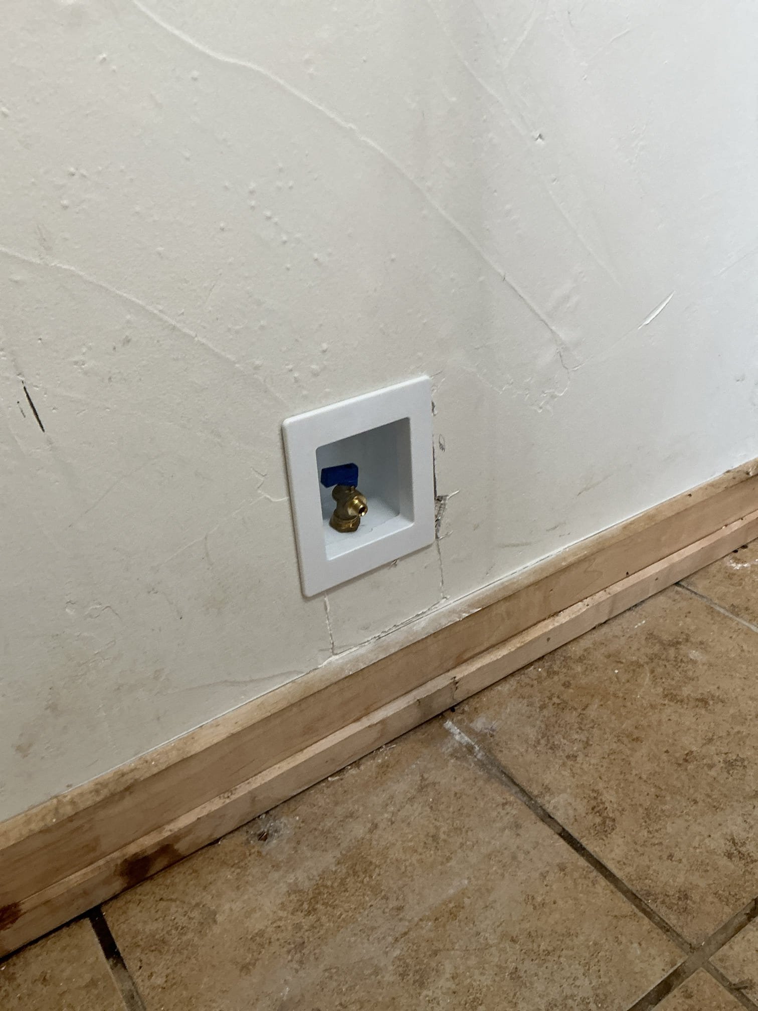 Shut off water to home and drain system. Cut section of Sheetrock behind refrigerator for access to set new ice maker box. Also drill through floor into crawlspace. Run new water line from new ice maker box to existing copper pipe in crawlspace. In crawlspace reworked copper pipe, remove old saddle valve for ice maker and tie in new line properly. Test new ice maker box for proper operation. Clean workspace 