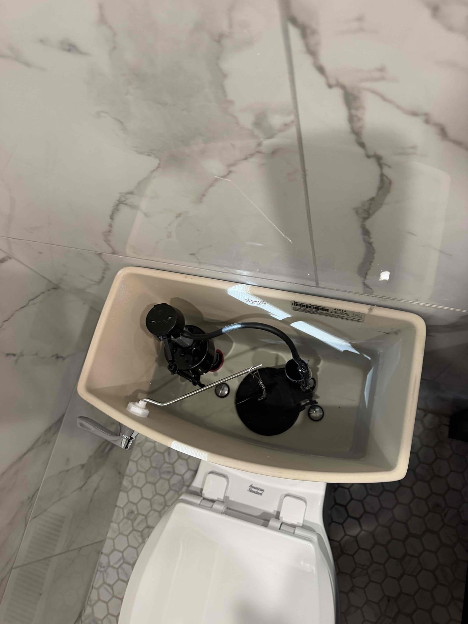 Customer stated that toilet that we pulled and reset it was leaking. Found that toilet had a crack on front of the tank, but when we left yesterday, there was no crack. Gave customer option to replace toilet at a discounted price. Customer agreed. Went ahead and removed existing toilet and hauled away and furnished and installed new toilet. Tested and no leaks were present at this time caulked around base of toilet and cleaned up work area.
