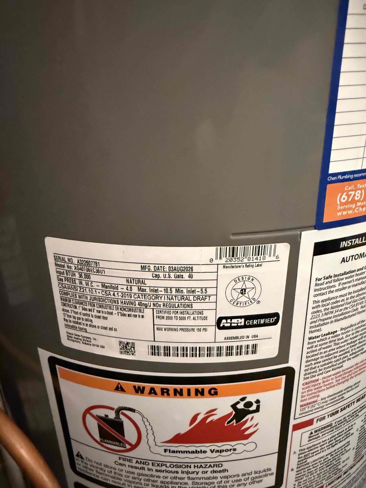 Water heater leaking upon arrival. Customer stated she noticed her water heater leaking and wanted us to replace it. Informed customer we could install a new water heater, expansion tank, shutoff and a new pan. Upon checking water pressure noticed customers water pressure at 120 psi, informed customer her PRV had failed and would also need to be replaced in order to keep the warranty on the water heater and make the plumbing system safer. Gave customer estimate, customer approved estimate. Installed new water heater, expansion tank, pan and a new shutoff. Installed new PRV and set to 60 psi. Turned water and gas back on to check for leaks and found no leaks. Fired up water heater. Water heater is fired up and working properly. Customer will have hot water in 45 minutes to an hour. No leaks upon departure 