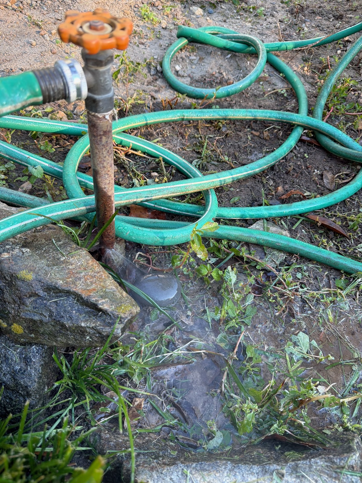 Upon arrival, customer states theyre experiencing leak coming from yard hydrant. After inspection, noticed yard hydrant has a galvanized nipple, galvanized nipple is split and leaking. Inform customer, we can cap Yard hydrant and install hose bib on side of shed. Customer approved that. Installed new hose bib and cap Yard Hydro. Also noticed both drain valve and gate valve have failed. Replaced both. No leaks at departure.