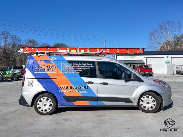 
We recently completed the design and installation of a partial wrap on a transit van for Southern View Energy. This van is their repair vehicle, and having graphics is a great way to let their customers know that they have arrived to service their solar panels. It also serves as a rolling advertisement for their company while they're on the road. 