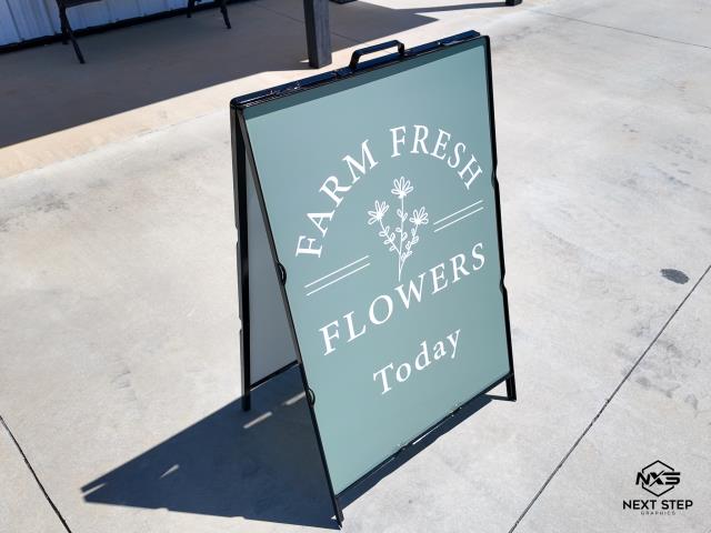 We designed a double-sided A-frame sign to advertise farm-fresh flowers. 
We designed a double-sided A-frame sign to advertise farm-fresh flowers.
