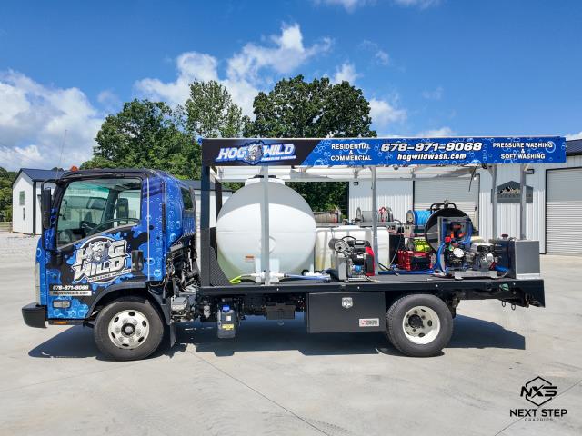 
We recently completed an update for Hogwild Pressure Washing. We previously wrapped the cab of their truck, and after a truck build we added ACM panels with graphics and a bumper wrap to match the cab.