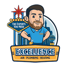 Cartoon mascot of Excellence Air & Plumbing, featuring a smiling man in a blue shirt with tools, set against a backdrop of the Las Vegas skyline and the text "The Experts You Need," representing plumbing and heating services.