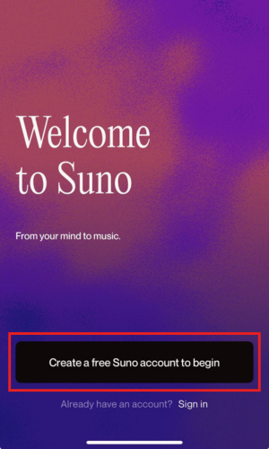 Create an account on Suno ai app