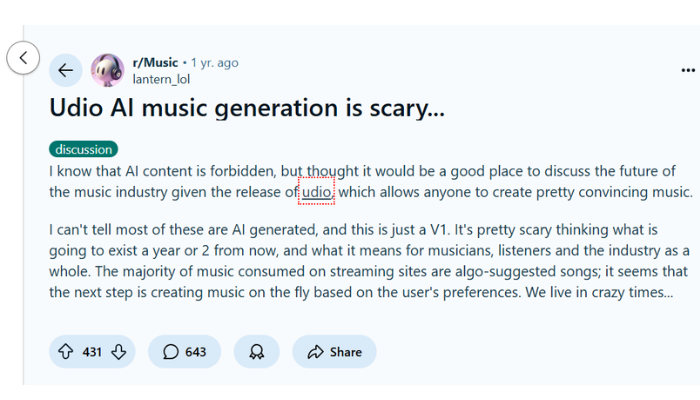 Reddit users say about Udio AI music