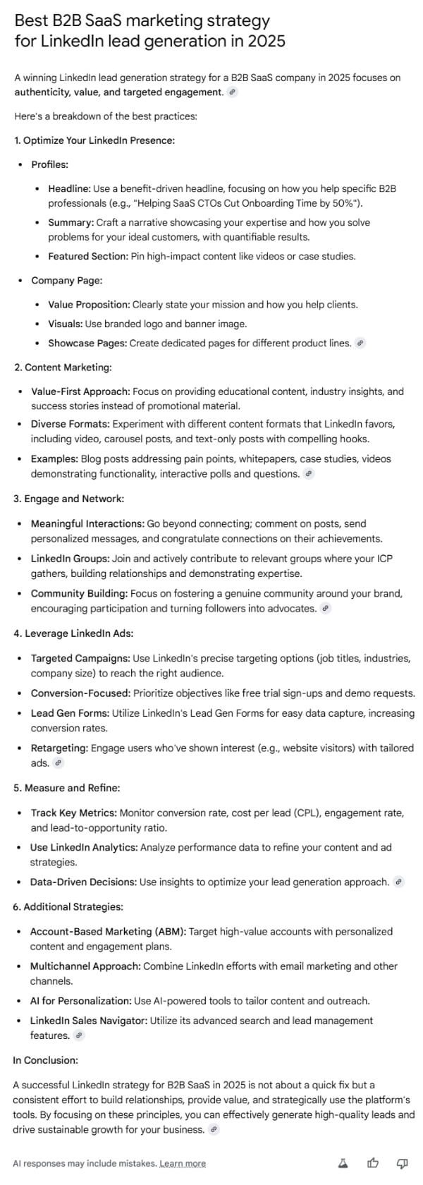 Second response Best B2B SaaS marketing strategy for LinkedIn lead generation in 2025