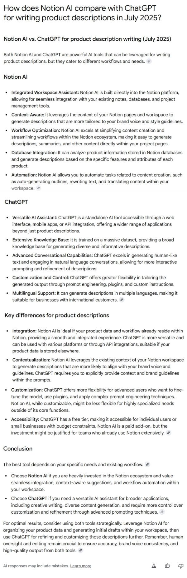 How does Notion AI compare with ChatGPT for writing product descriptions in July 2025