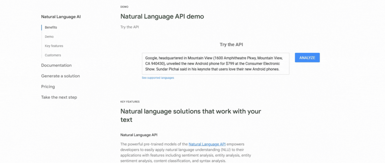Demo Of Google Natural Language AI