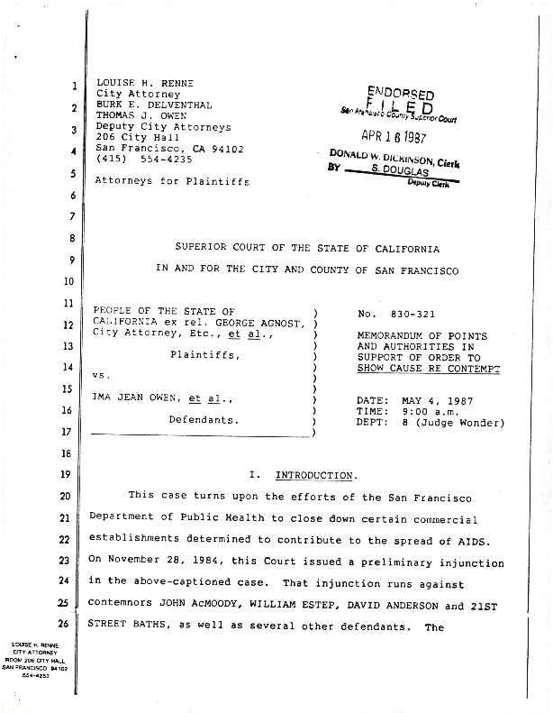 Memorandum of points and authorities in support of order to show cause re contempt, with copy of modified preliminary injunction