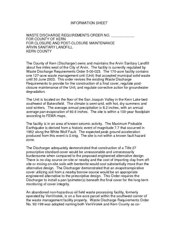 Information sheet, waste discharge requirements order no. for County of Kern, for closure