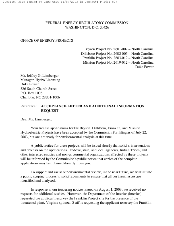 Letter Order accepting Duke Power's 7/22/03 license application and requesting additional information to be submitted