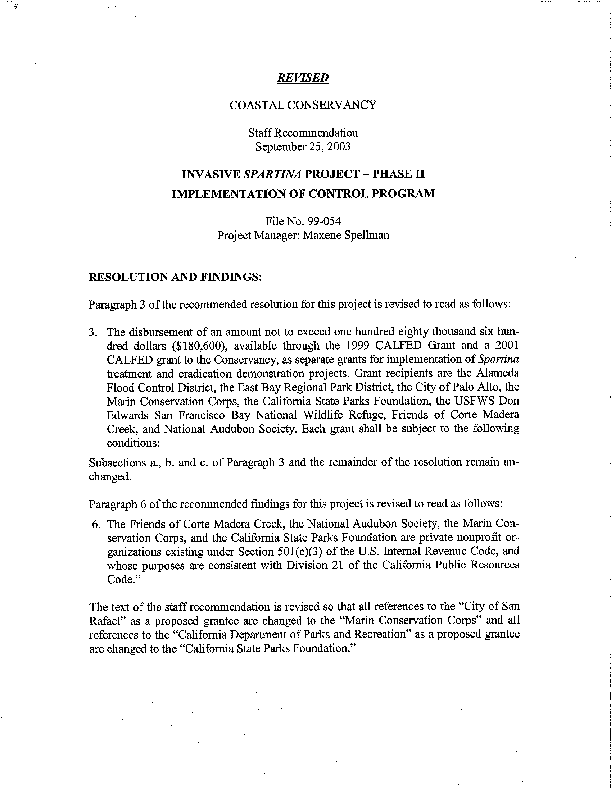 Staff recommendation, September 25, 2003: Invasive Spartina Project - Phase II: implementation of control program (revised)