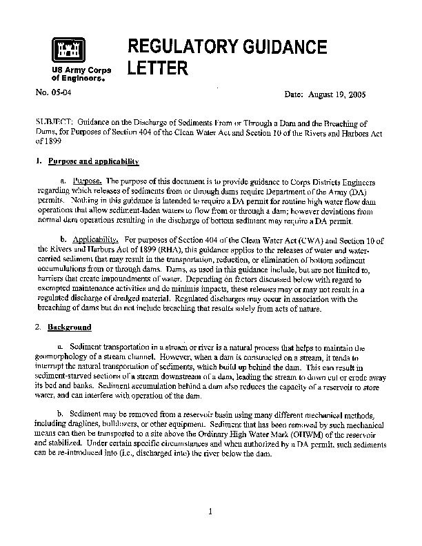 US Army Corps of Engineers Regulatory Guidance Letter on the Discharge