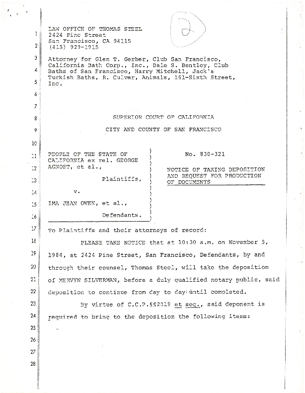 Notice of taking deposition and request for production of documents