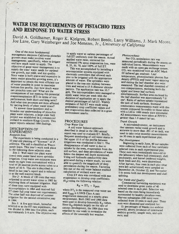 Water use requirements of pistachio trees and response to water stress