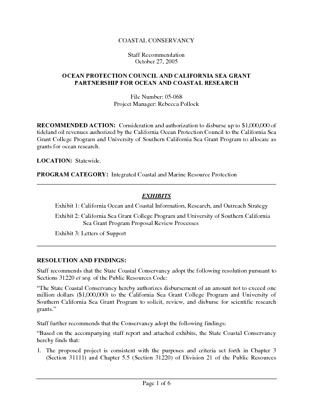 Staff Recommendation October 27 05 Ocean Protection Council And California Sea Grant Partnership For Ocean And Coastal Research Calisphere