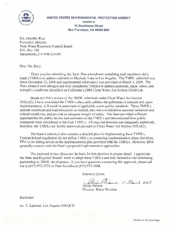 Letter approving an amendment to the water quality control plan for the