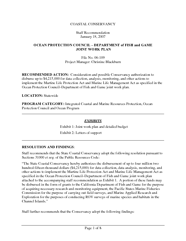 Staff recommendation, January 18, 2007: Ocean Protection Council-Department of Fish and Game Joint Work Plan