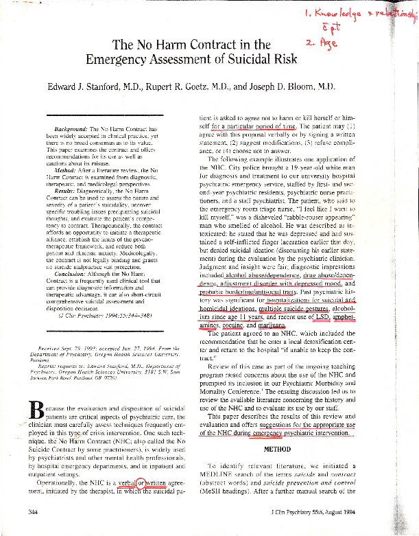 The No Harm Contract in the Emergency Assessment of Suicidal Risk