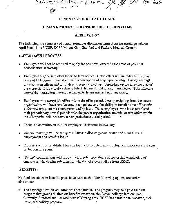 UCSF STANFORD HEALTH CARE: HUMAN RESOURCES DECISIONS/DISCUSSION ITEMS