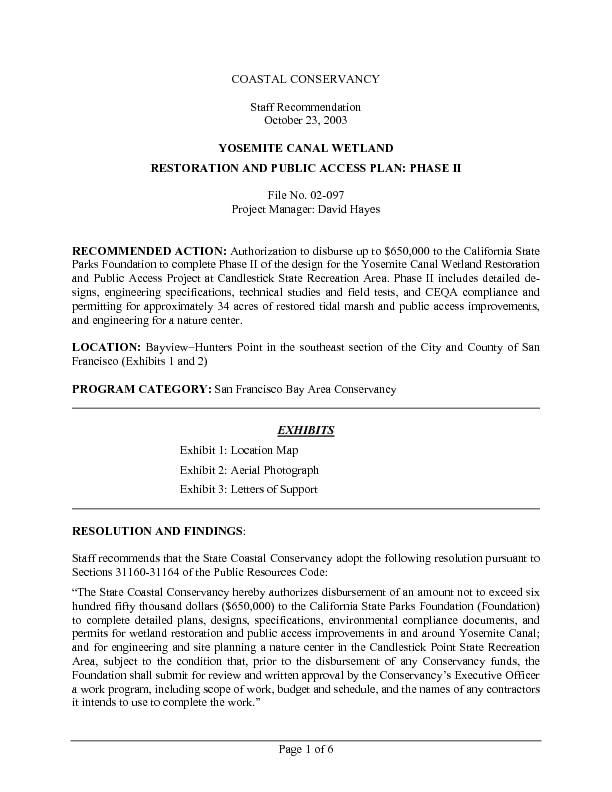 Staff recommendation, October 23, 2003: Yosemite Canal Wetland Restoration and Public Access Plan: Phase II