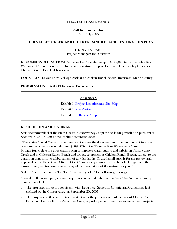 Staff recommendation, April 24, 2008: Third Valley Creek and Chicken Ranch Beach Restoration Plan