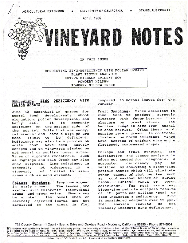 Vineyard notes correcting zinc deficiency with foliar sprays; plant