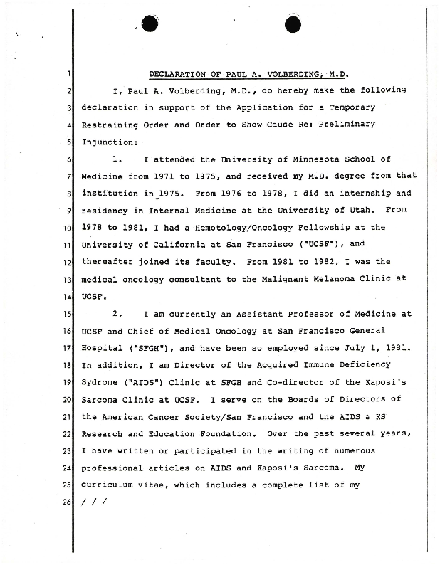 Declarations in support of application for preliminary injunction and temporary restraining order (Vol. I, Volberding-Goldsmith)