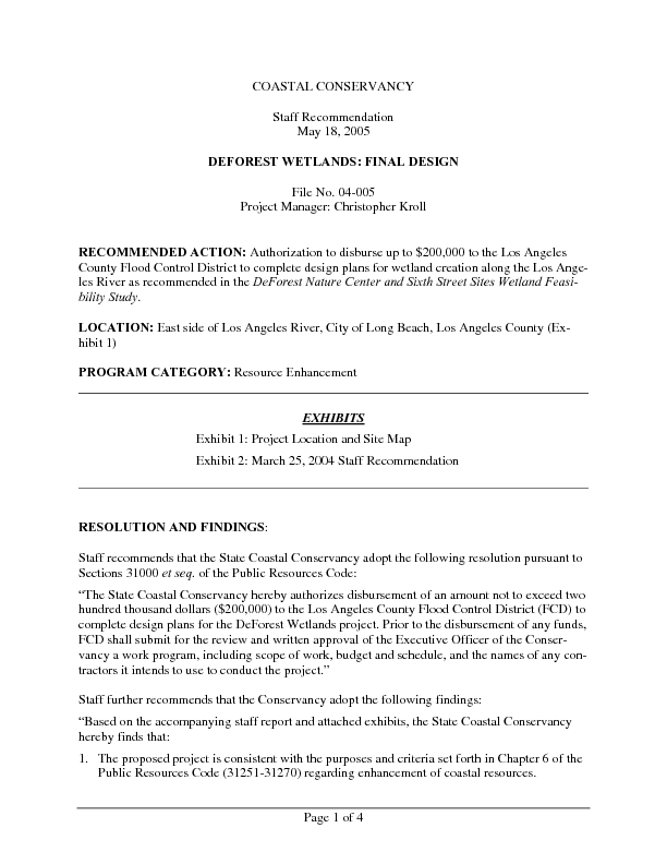 Staff recommendation, May 18, 2005: DeForest Wetlands: final design