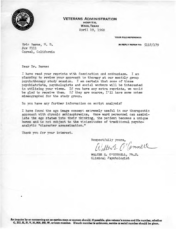 Walter E O Connell Letter To Eric Berne 1960 04 19 Calisphere
