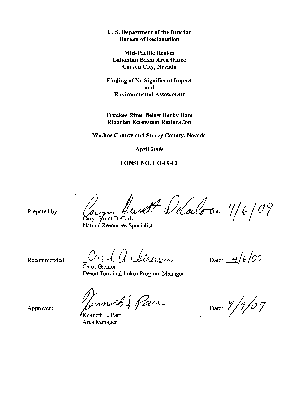 Truckee River below Derby Dam riparian ecosystem restoration: finding of no significant impact and environmental assessment, Washoe and Storey counties, Nevada