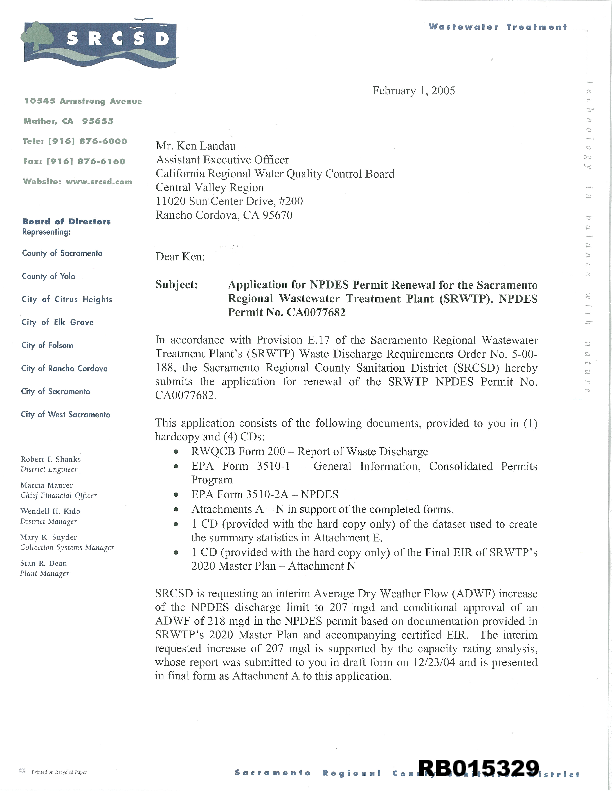 Application for NPDES permit renewal for the Sacramento Regional Wastewater Treatment Plant (SRWTP), NPDES permit no. CA0077682