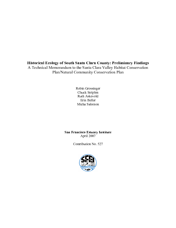 Historical ecology of South Santa Clara County preliminary findings a