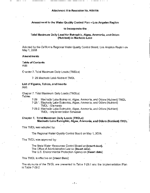 Amendment to the water quality control plan for the Los Angeles region