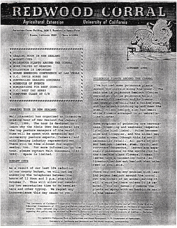 Redwood corral--grazing tour in New Zealand, budget cuts, poisonous plants around the corral, more calves at weaning, etc.