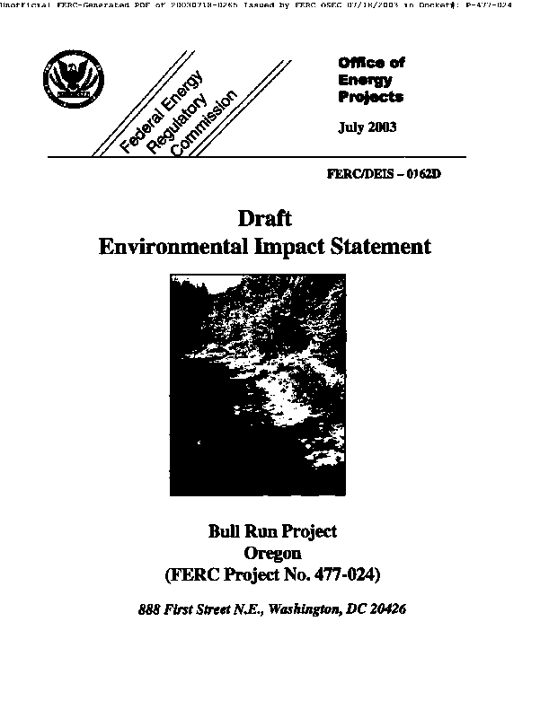 Draft Environmental Impact Statement for Portland General Electric Co's Bull Run Hydroelectric