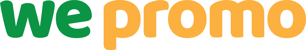 Green and yellow text logo that reads we promo.