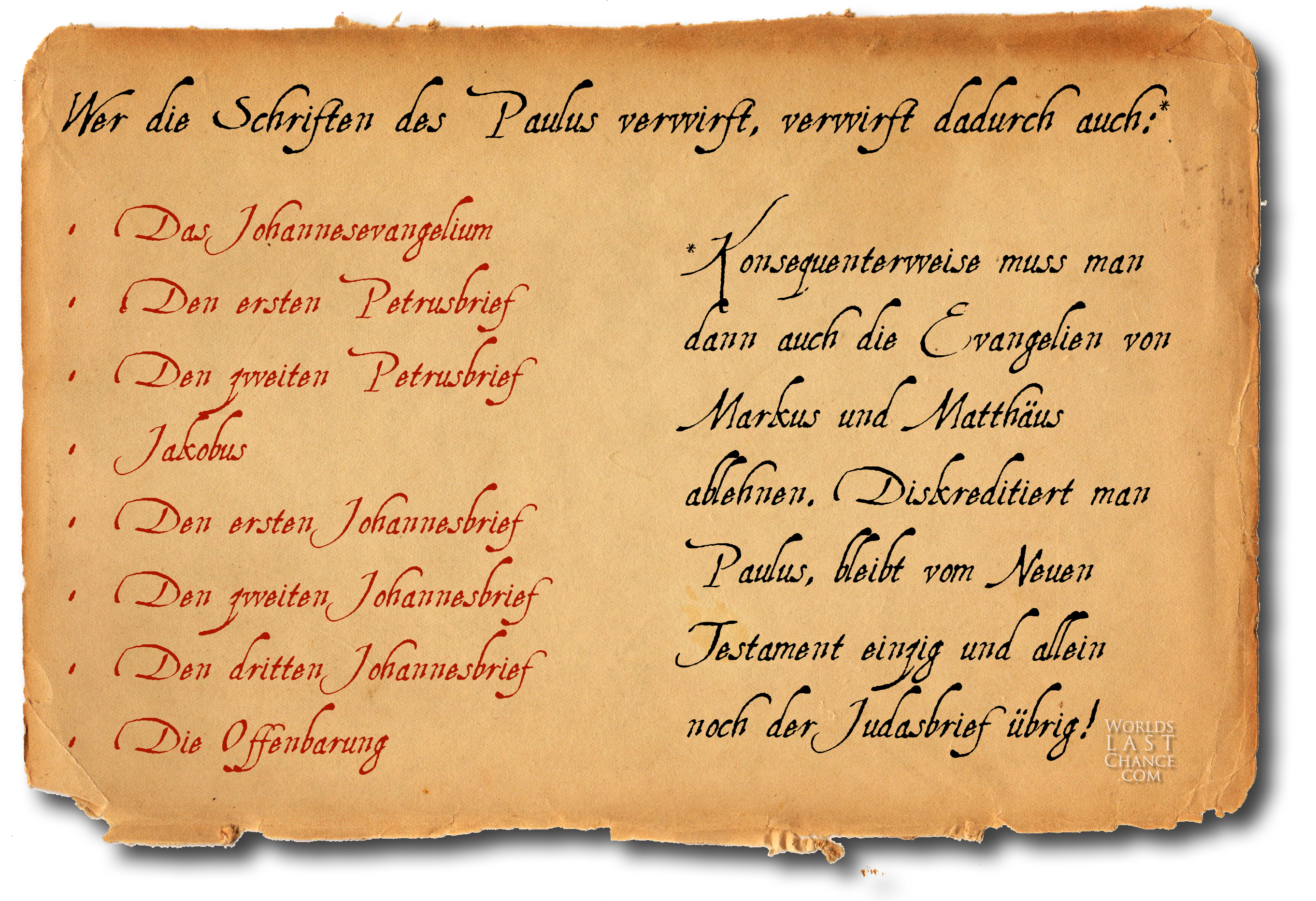 Liste der neutestamentlichen Bücher, die man ablehnen muss, wenn man Paulus ablehnt