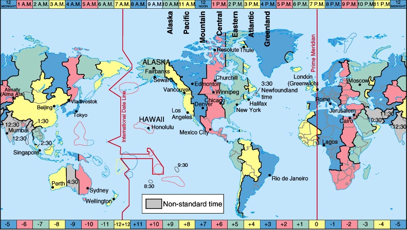 A world map showing the path of the International Dateline, zig-zagging its way across the Pacific Ocean