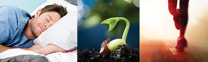 man sleeping, plant growing, person running