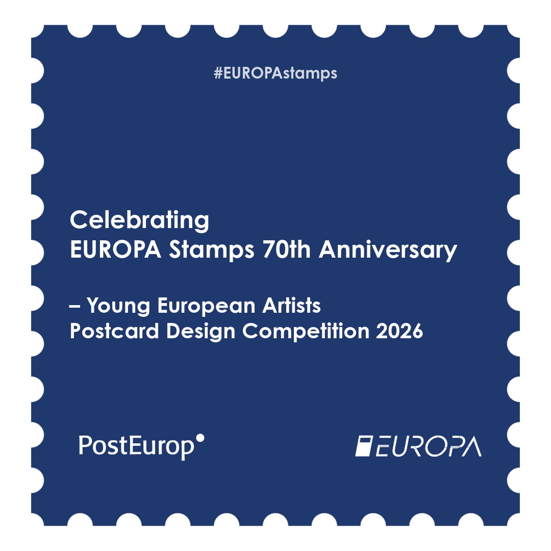 Dark blue square graphic with a white perforated stamp border and text reading Celebrating EUROPA Stamps 70th Anniversary – Young European Artists Postcard Design Competition 2026, with the hashtag EUROPAstamps and the logos of PostEurop and EUROPA.