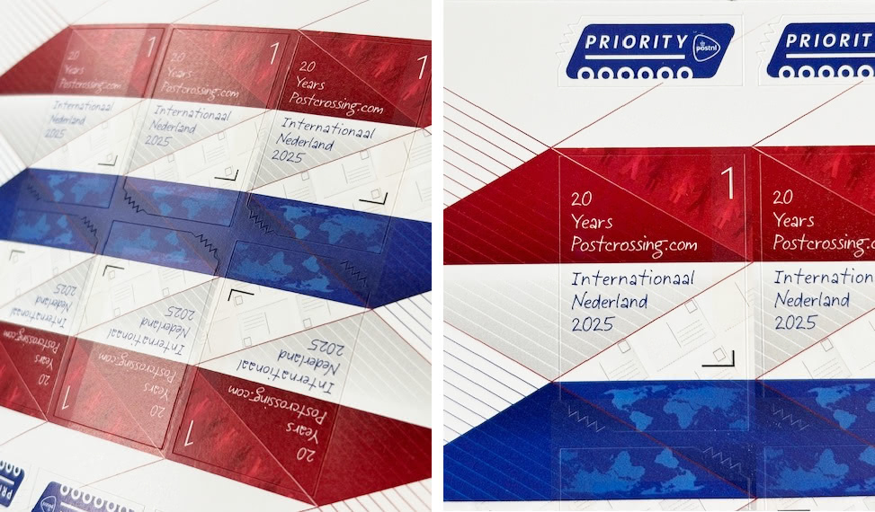 Close‑up photos of the new Dutch “20 Years of Postcrossing” stamp sheet showing the red‑white‑blue zig‑zag design and Priority labels.