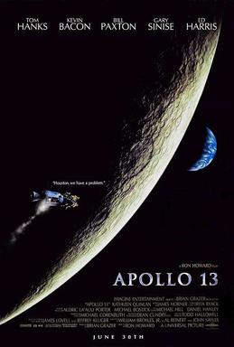 The Apollo 13 movie poster, showing the moon between a small spacecraft and Earth, with actor credits for Tom Hanks, Kevin Bacon, Bill Paxton, Gary Sinese and Ed Harris