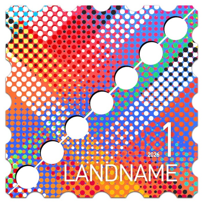 Colorful abstract 2026 EUROPA stamp design with a halftone dot pattern in bright reds, blues and yellows, a diagonal row of circular cut-outs, the value 1, year 2026 and the placeholder country name LANDNAME on a perforated stamp shape.