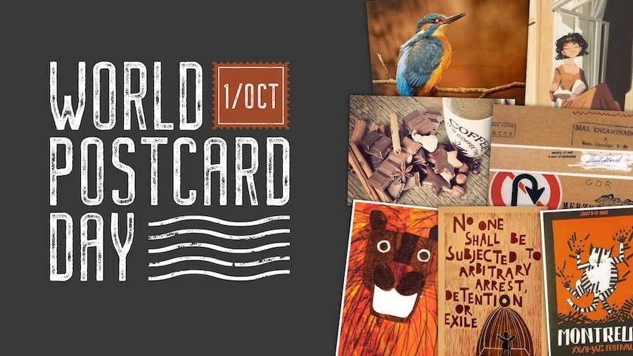 World Postcard Day graphic with World Postcard Day and 1/Oct on the left, beside a collage of postcards, mail, art cards and a kingfisher photo.