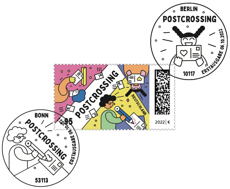 Two special cancellation marks stand around the new German stamp