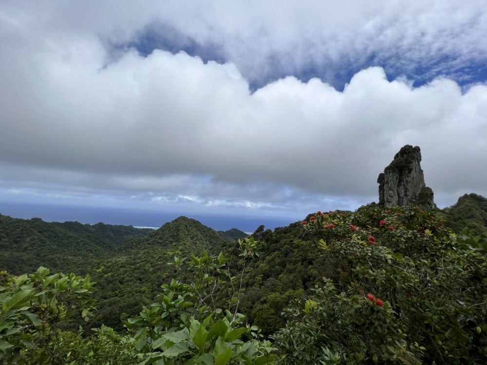 View over Rarotonga’s green mountains and forest, with a tall rocky peak rising on the right and the ocean visible beneath heavy clouds.