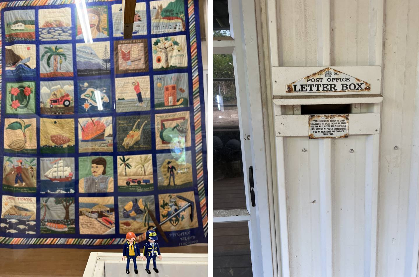 A person preparing postcards at a table with the Little Mail Carriers during their visit to Pitcairn.