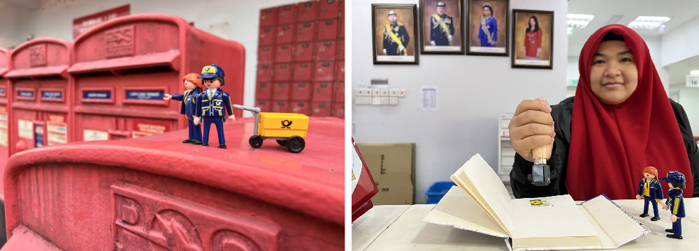 Two Playmobil postal worker figurines in Malaysia — one photo shows them with a cart atop bright red postboxes, and the other with a postal worker stamping their travel notebook inside a post office.